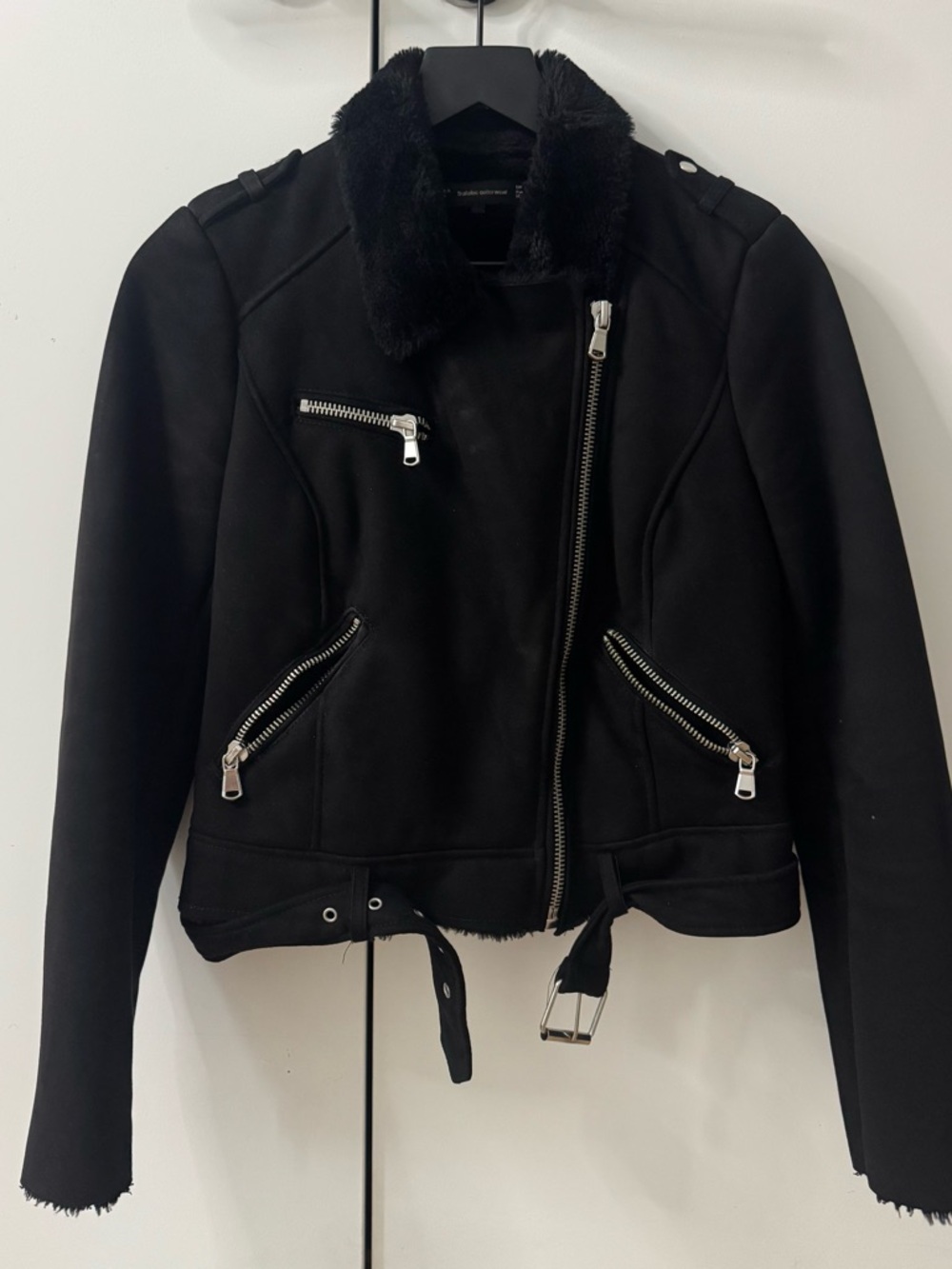 Zara Black Faux Fur Collar Moto Jacket